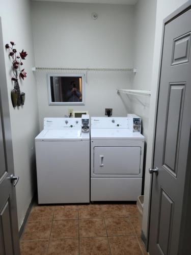 a white laundry room with a white washer and dryer at Comfort Inn & Suites in Shelbyville