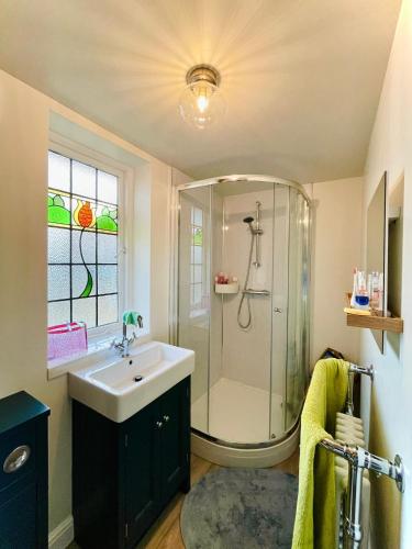 a bathroom with a sink and a shower at The Millers Cottage in Cambridge