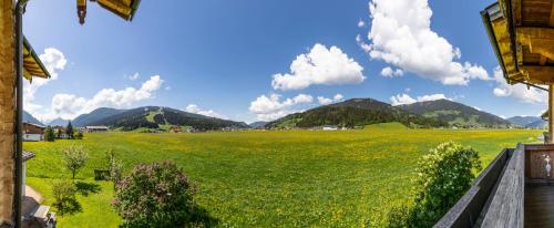 a field of green grass with mountains in the background at Landhaus Fingerhof in Flachau
