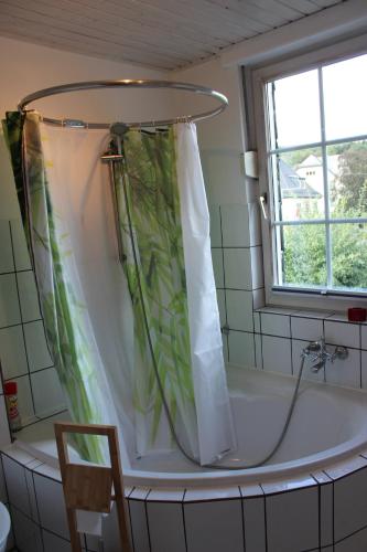 a bath tub with a shower curtain in a bathroom at Ferienwohnung an der Hundem in Kirchhundem