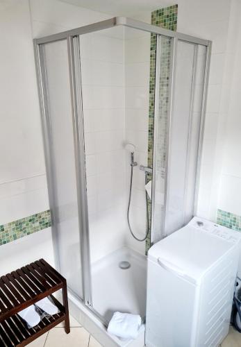 a bathroom with a shower and a white refrigerator at Ferienhaus Grüner Bungalow Kontaktloser CheckIn in Stendell