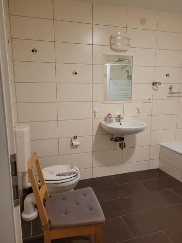 a bathroom with a toilet and a sink at Gulfhof Anelis in Krummhörn