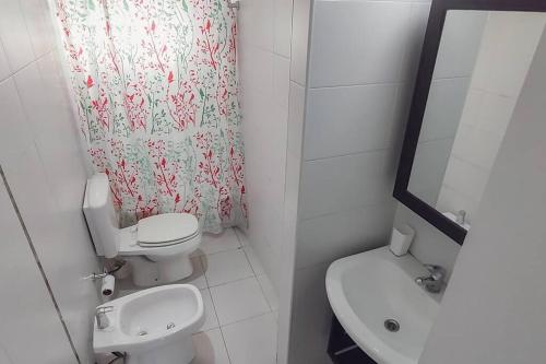 La salle de bains est pourvue de toilettes, d'un lavabo et d'un miroir. dans l'établissement AT803 - Monoambiente Luminoso en Colegiales, à Buenos Aires