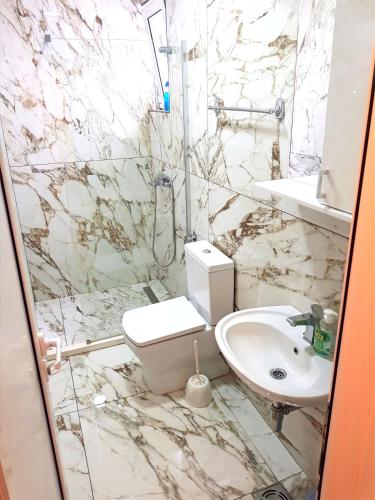 a bathroom with a toilet and a sink at Villa Alba Apartments in Dobra Voda