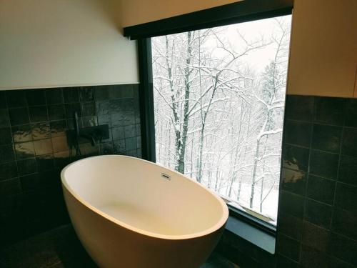 La salle de bains est pourvue d'une baignoire et d'une fenêtre. dans l'établissement Le Lo - Fleuve - Forêt - Spa - 10 min du Massif, à Petite-Rivière-Saint-François