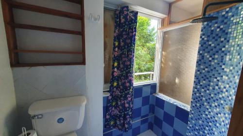 a bathroom with a toilet and a window at APARTO-STUDIO JUNTO AL MAR Blue Lizard Studio in Providencia
