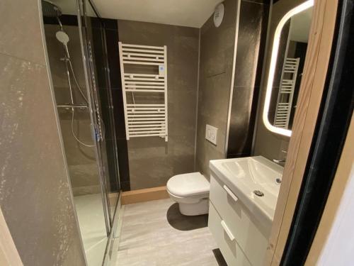 ein Bad mit einer Dusche, einem WC und einem Waschbecken in der Unterkunft Appartement Les Arcs 1800 - Charmettoger in Bourg-Saint-Maurice