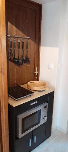 a kitchen with a counter with a sink and utensils at Studio les Thivolets in Montagne
