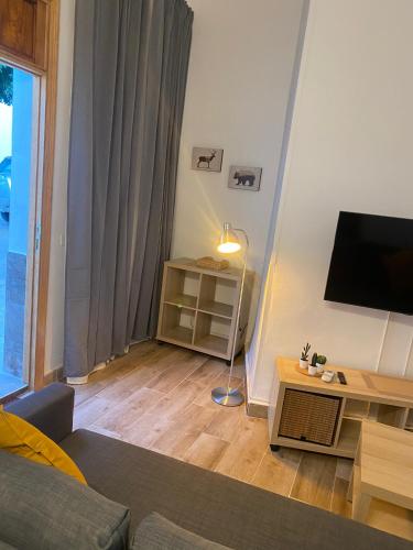 a living room with a couch and a television at Casas La Aldea Suites Plaza in La Aldea de San Nicolas