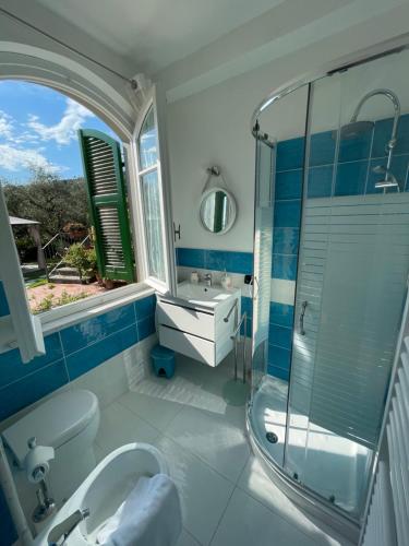 a bathroom with a shower and a sink and a toilet at IL CASALE DEL MAGRA in Ameglia