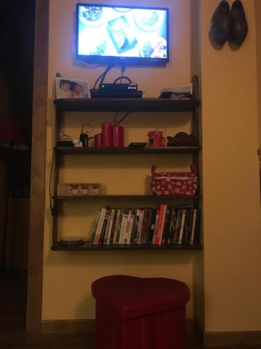 a tv on a wall with a shelf with dvds at Casa vacanze romantica in San Giacomo