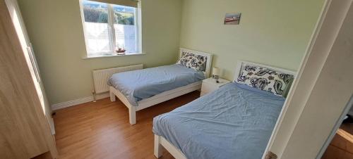 1 dormitorio con 2 camas y ventana en Gort Lodge en Portmagee