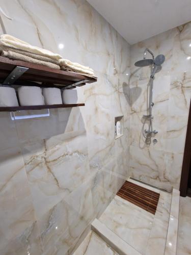 a bathroom with a shower with white marble walls at Vila Odiseas in Belgrade
