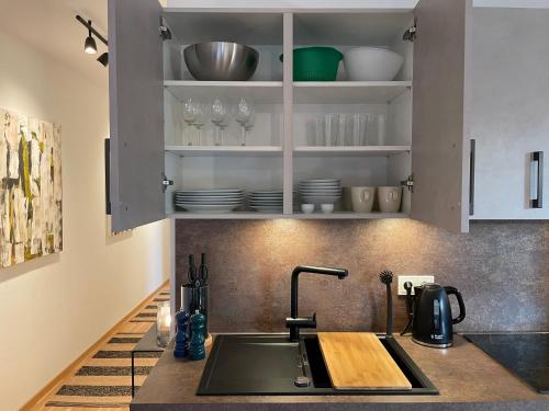 a kitchen with a sink and some plates and glasses at Traumhaft helle Wohnung mit Sonnenterrasse in Worms