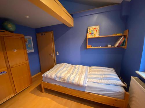 a blue bedroom with a bed and a shelf at ZiniMiri in Freiensteinau