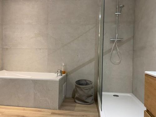 une salle de bain avec une douche, une baignoire et un lavabo dans l'établissement Maison entière 6 personnes jardin terrasses et garage, à Nancy