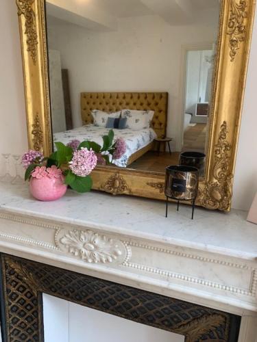 a mirror on top of a fireplace with flowers on it at Chambre d'hotes et Table d'hotes Domaine de la terrasse SAS et Gite ANDA Montauban in Lacourt-Saint-Pierre