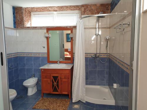 a bathroom with a shower and a sink and a toilet at Villa Frida in Sveti Stefan