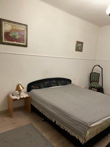 a bedroom with a bed and a table and a chair at A Towns Charm in Sarajevo