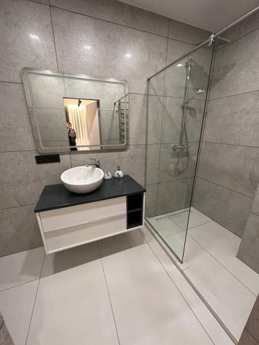 a bathroom with a sink and a shower at Інстаграмна стильні апартаменти на вулиці Під Голоском 15б in Lviv