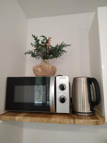 un four micro-ondes sur une étagère avec une plante en pot dans l'établissement Studio Nature, le calme à 2 pas du centre-ville, à Arras