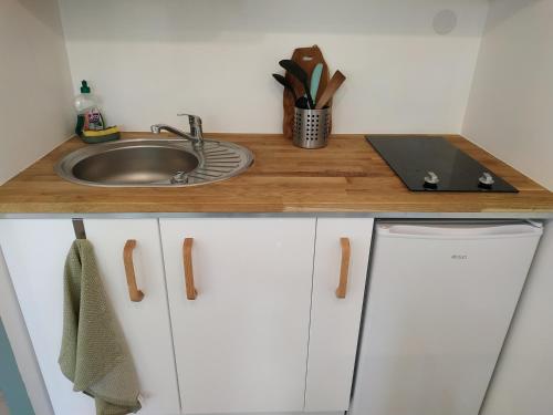 a kitchen counter with a sink and a laptop on it at Studio Nature, le calme à 2 pas du centre-ville in Arras