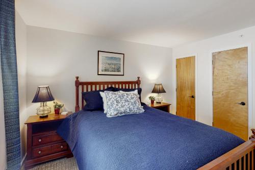 a bedroom with a blue bed with two lamps and a door at Mountainside 20 in Warren