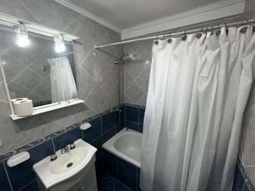 a bathroom with a white shower curtain and a sink at Hosteria Yamile in El Calafate