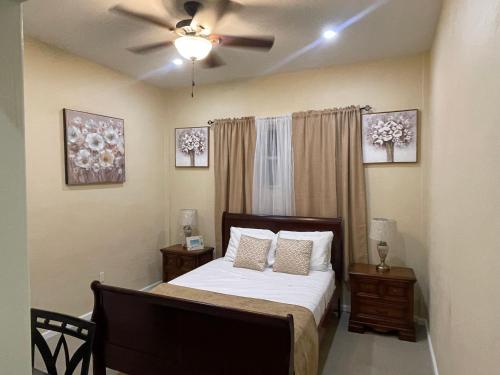 a bedroom with a bed and a ceiling fan at The Colosseum in Basseterre