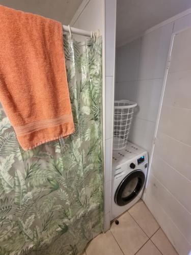 y baño con cortina de ducha y lavadora. en Precioso apartamento 1D+1B // Jumbo+centro 5 min, en Puerto Montt
