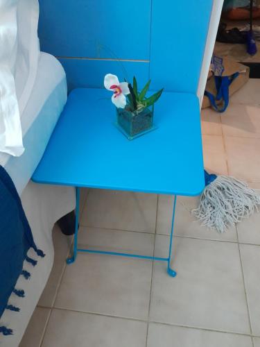 a blue table with a plant on it in a room at My Tiny Caritan- Petit coin de paradis- Bungalow de vacances- jardin, plage, piscine attenante in Sainte-Anne