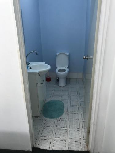 La salle de bains bleue est pourvue de toilettes et d'un lavabo. dans l'établissement White House, à Suva