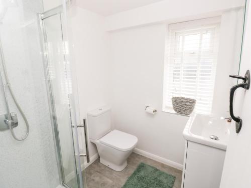 a white bathroom with a toilet and a sink at Rosemary Cottage in Tenby