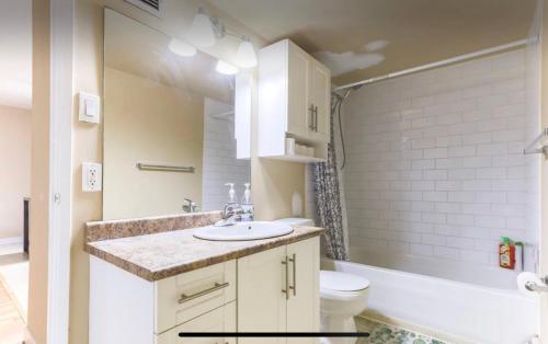 a bathroom with a sink and a toilet at Downtown River Valley Bachelor Suite Condo, NON Smoking, 12 inches Queen Bed, Beautiful Minimalist, very convenient every where in Edmonton