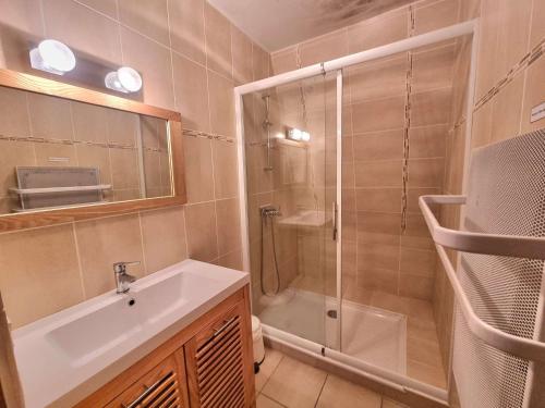 une salle de bain avec une douche et un lavabo et une cabine de douche en verre dans l'établissement Grand appartement pour 12 pers. avec balcon sud, WIFI, parking et proche pistes – St Michel de Chaillol - FR-1-393-11, à Saint-Michel-de-Chaillol