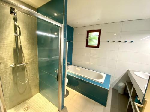 W łazience znajduje się prysznic, wanna i umywalka. w obiekcie villa d'exception avec piscine , au bord de la mer w Hyères