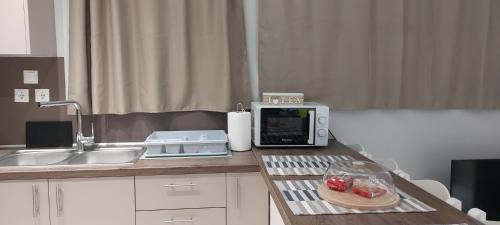 a kitchen counter with a sink and a microwave at Aphrodite goddess in Artemida