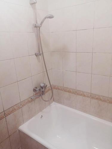 y baño con ducha y bañera blanca. en Apartment in Yerevan, en Ereván