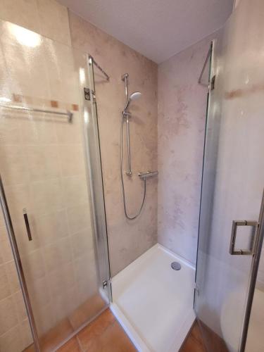 a bathroom with a shower with a glass door at Zum Strandkorb in Zingst