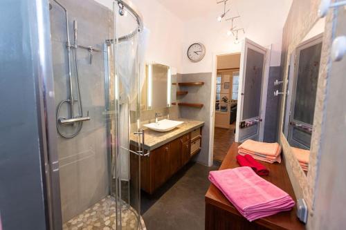 ein Bad mit einer Dusche und einem Waschbecken in der Unterkunft Anna-Maria : Grand appartement 10 personnes+parking privé -Actif+ Location- in Marseille