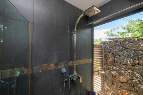 a shower in a bathroom with a stone wall at Balinea Villas in Pereybere