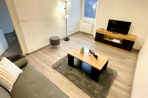 a living room with a couch and a coffee table at Appartement le Rhôn'ain - Vue Rhône - Lit Queen size in Bellegarde-sur-Valserine