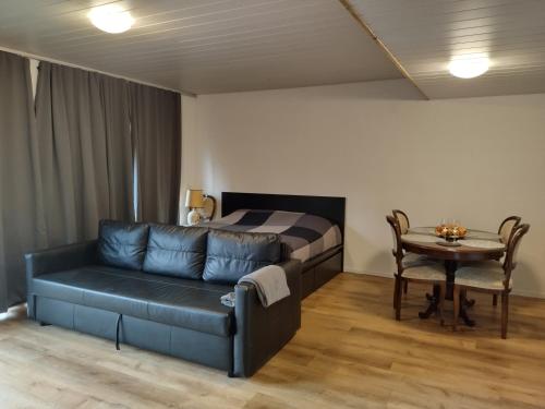 Sala de estar con sofá, cama y mesa en Spacieux studio 38m2 avec sauna en Les Paccots