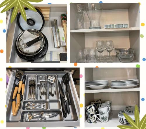 a kitchen drawer filled with dishes and utensils at FLORA Apartament Słupsk in Słupsk