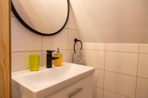 a bathroom with a sink and a mirror at Domki na Wierchu - z widokiem na góry in Białka Tatrzanska