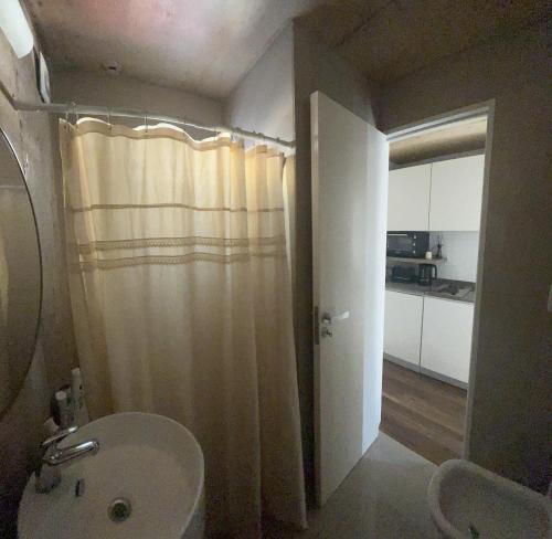 baño con lavabo y cortina de ducha en Apart Terraza en Palermo en Buenos Aires