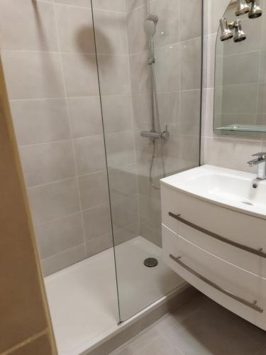 une douche avec une porte vitrée à côté d'un lavabo dans l'établissement Domus Sea and City, à Marseille
