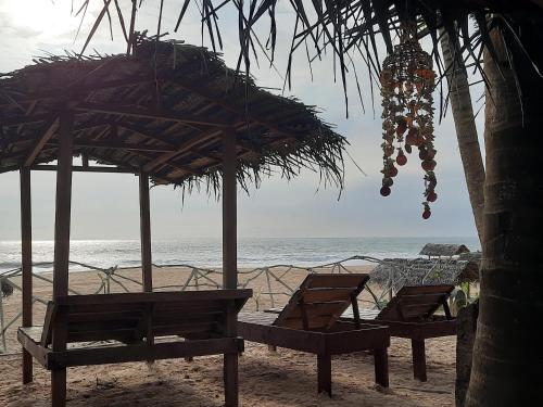 two benches on a beach with a tree and the ocean at La-Vira Beach Villa in Hikkaduwa