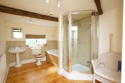 a bathroom with a shower and a toilet and a sink at Dunnimere Farm stay with Hot Tub - up to 20 in Haselour