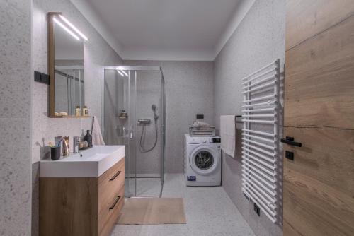 a bathroom with a sink and a washing machine at Apartmaji Harpf in Slovenj Gradec